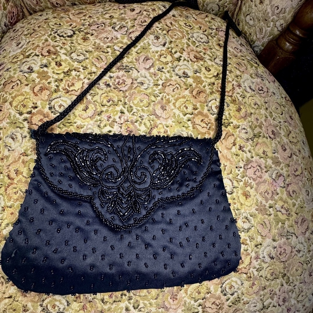 Black Beaded Evening Shoulder Bag - Unbranded